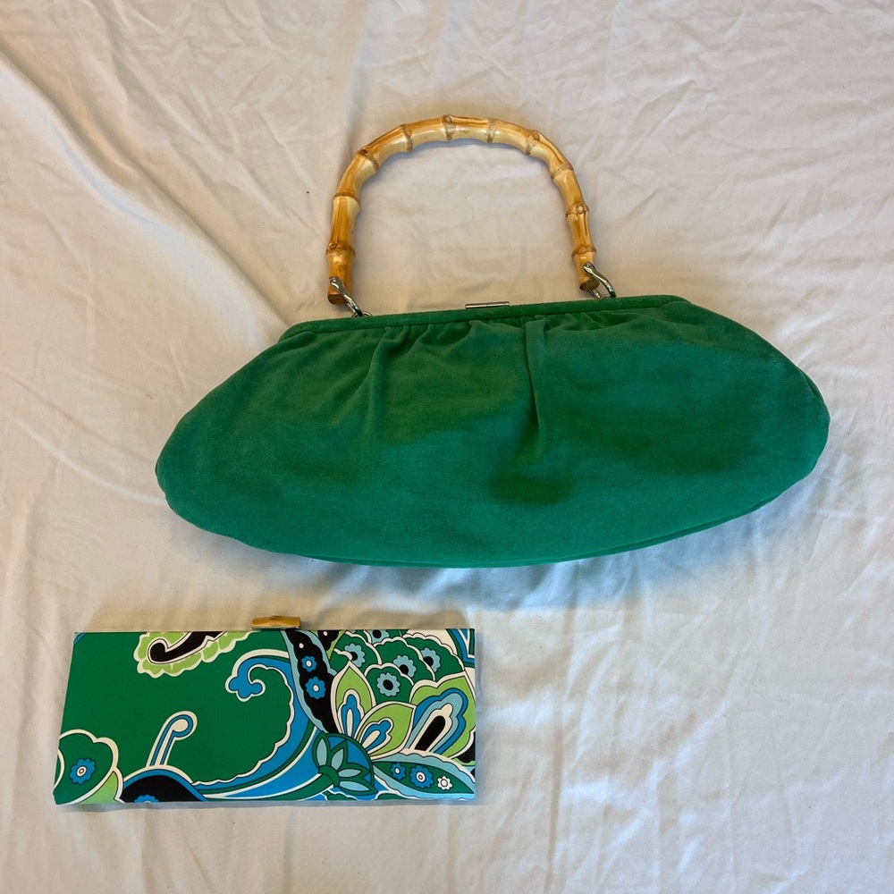 Green Banana Republic Bag with Bamboo Handle and Clutch